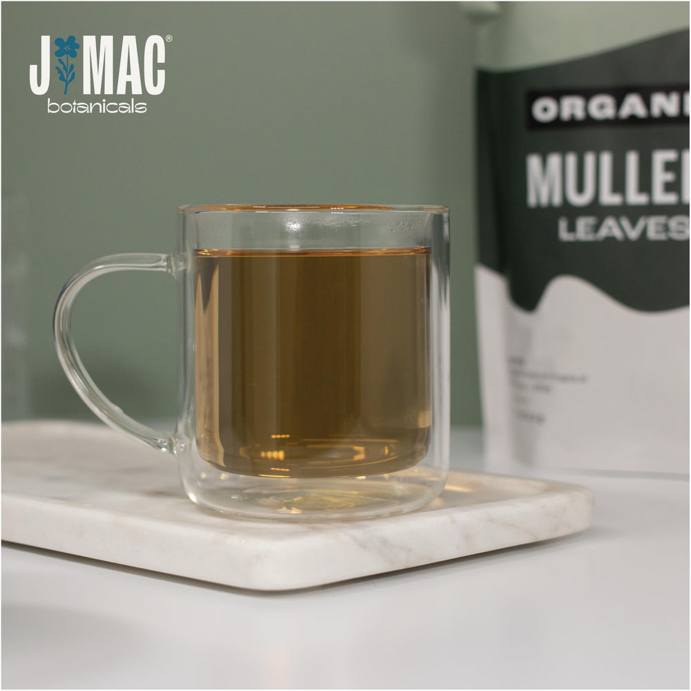 J Mac Botanicals organic mullein pouch showcases premium loose leaf tea.
