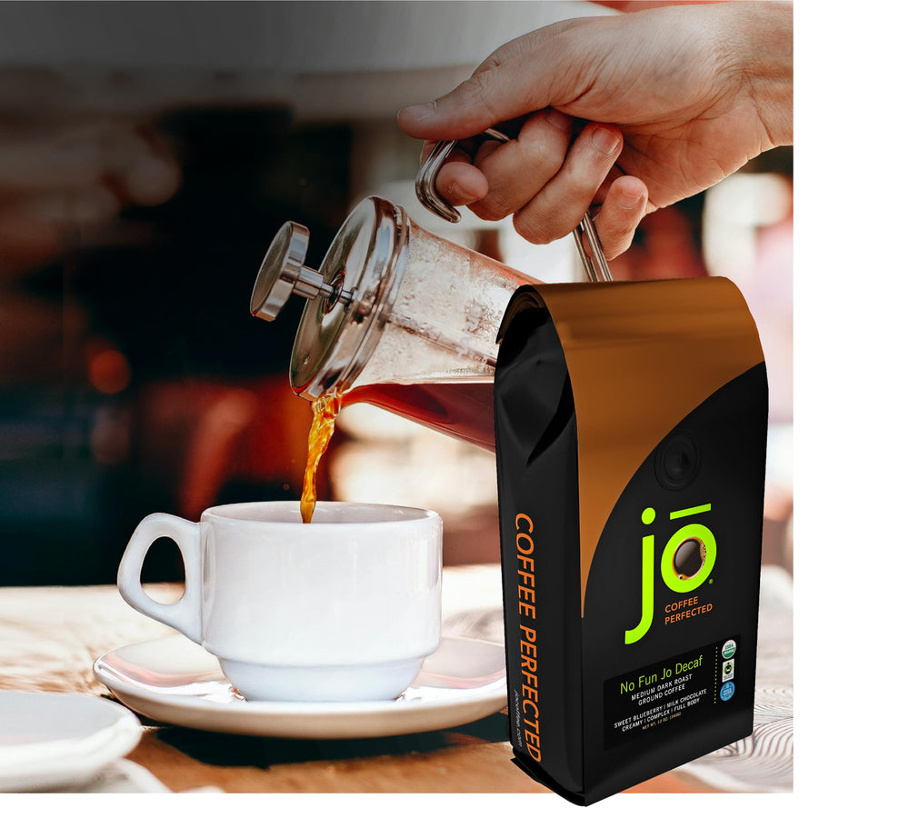 Notes of blueberry and milk chocolate implied in NO FUN JO DECAF