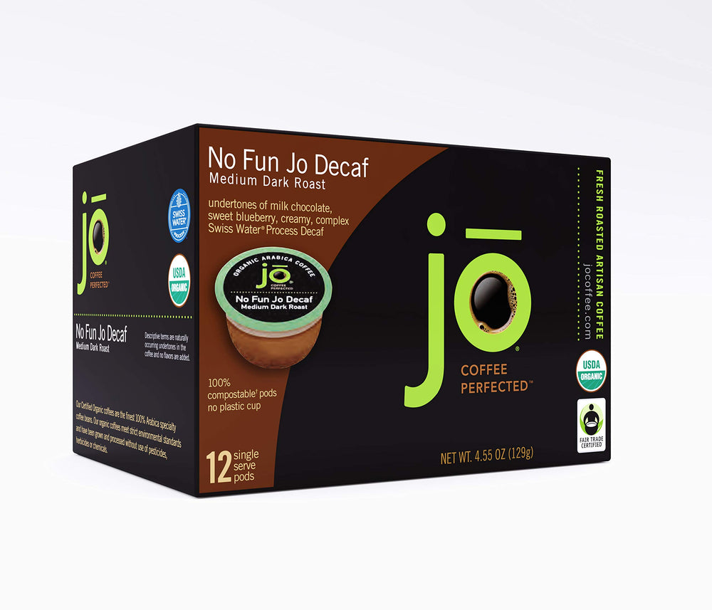 Jo Coffee No Fun Jo Decaf packaging on sustainable compostable materials