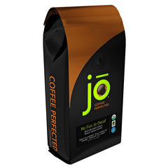 Jo Coffee NO FUN JO DECAF packshot with resealable tin-tie for freshness