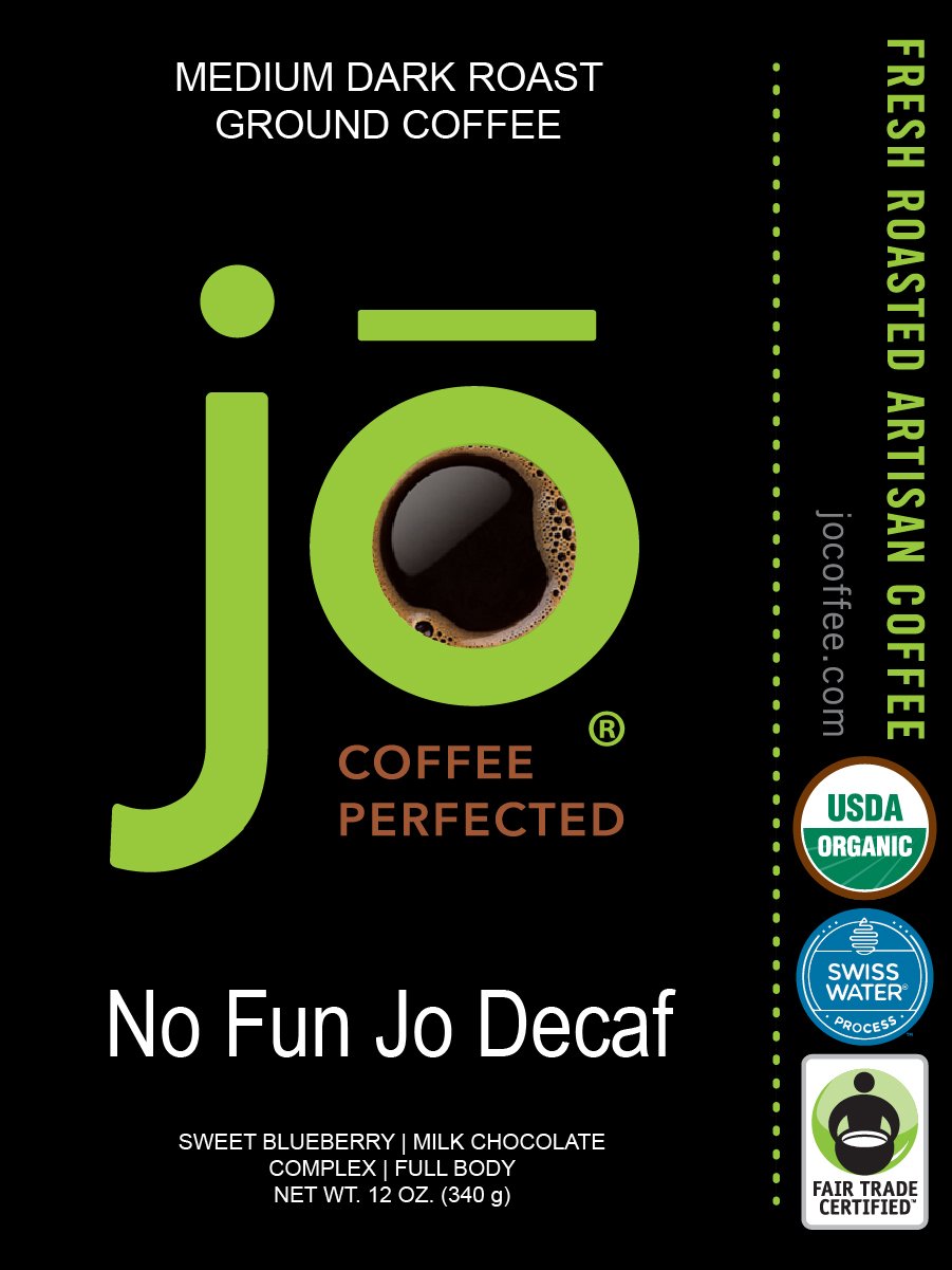 Jo Coffee NO FUN JO DECAF tin-tie canister for convenient, fresh storage