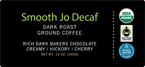 Jo Coffee organic decaf packaging with resealable tin-tie for fresh storage.