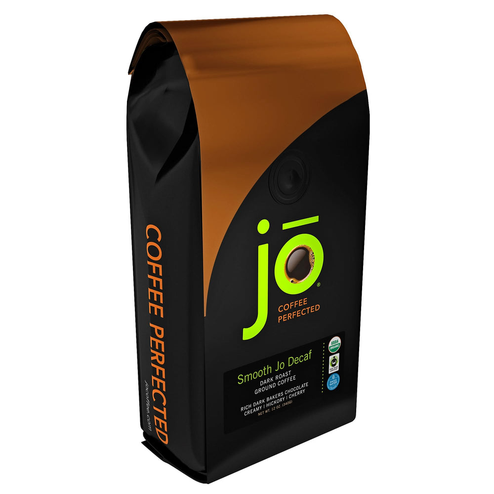 Jo Coffee Smooth Jo Decaf ground coffee for rich, caffeine-free brewing.