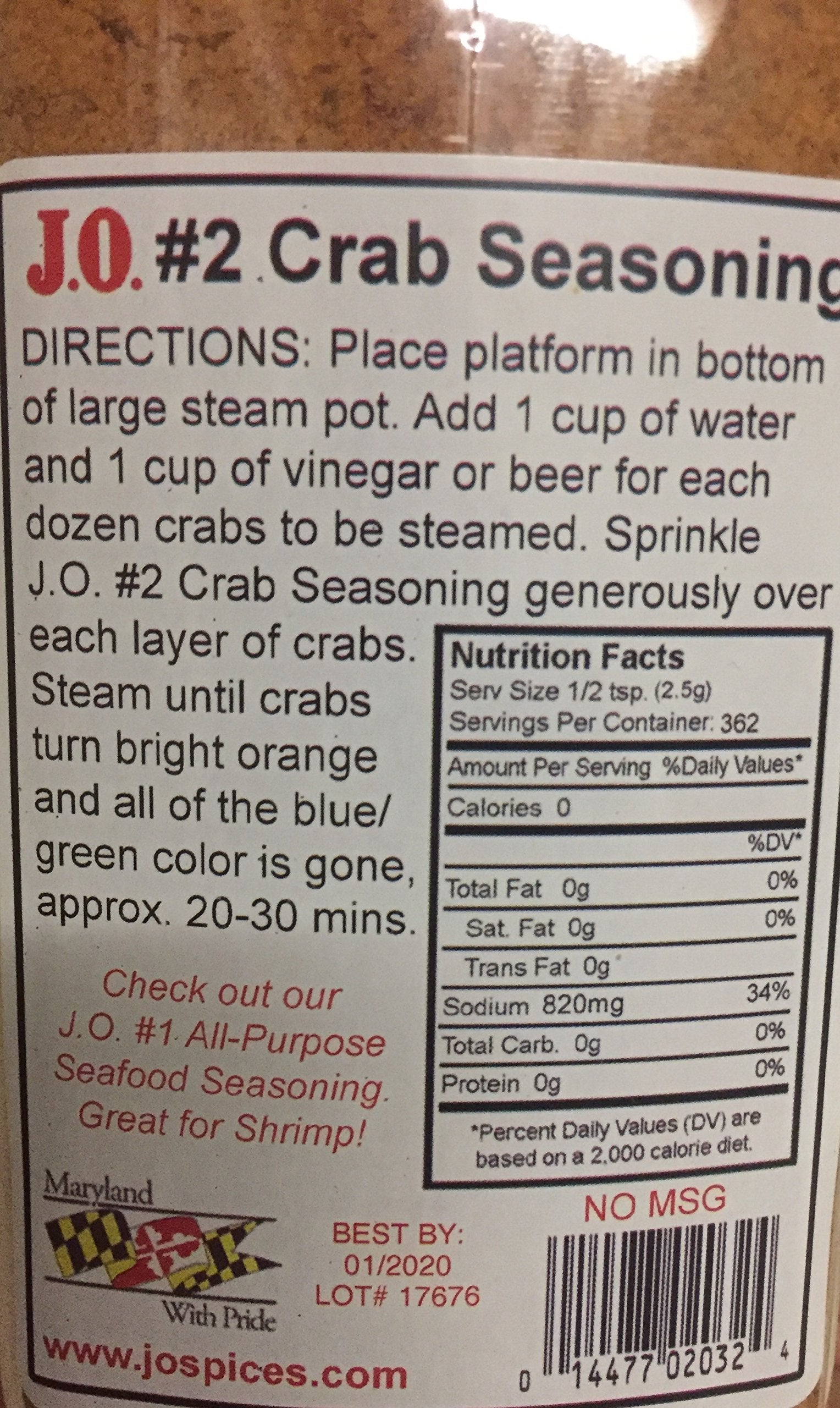 J.O. Crab Seasoning #2 label closeup highlights versatile spice blend