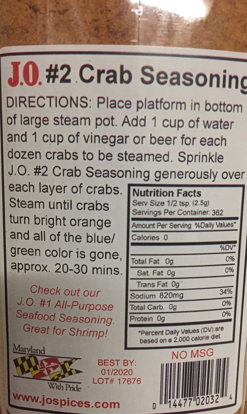 J.O. Crab Seasoning #2 label closeup highlights versatile spice blend