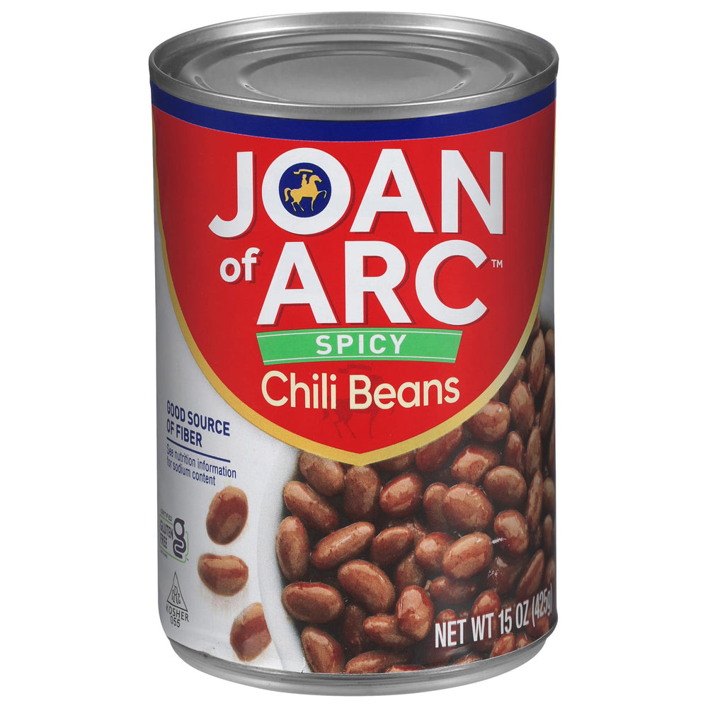 Joan of Arc Spicy Chili Beans can, ready to open for a quick meal.