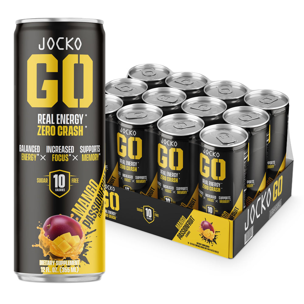 Jocko GO energy drink bottle in mango passionfruit for quick focus