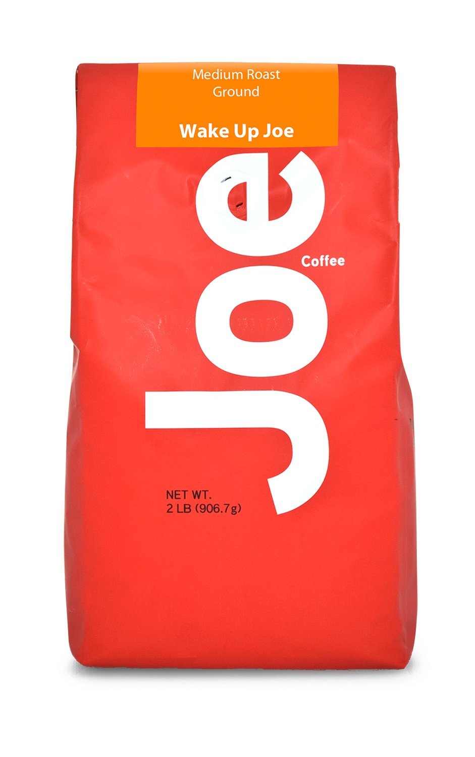 Joe Knows Coffee Wake Up Joe bag front highlighting medium roast and large 2 lb supply.