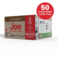 Joe Knows Coffee Tall Dark Handsome box front highlights eco-friendly packaging.