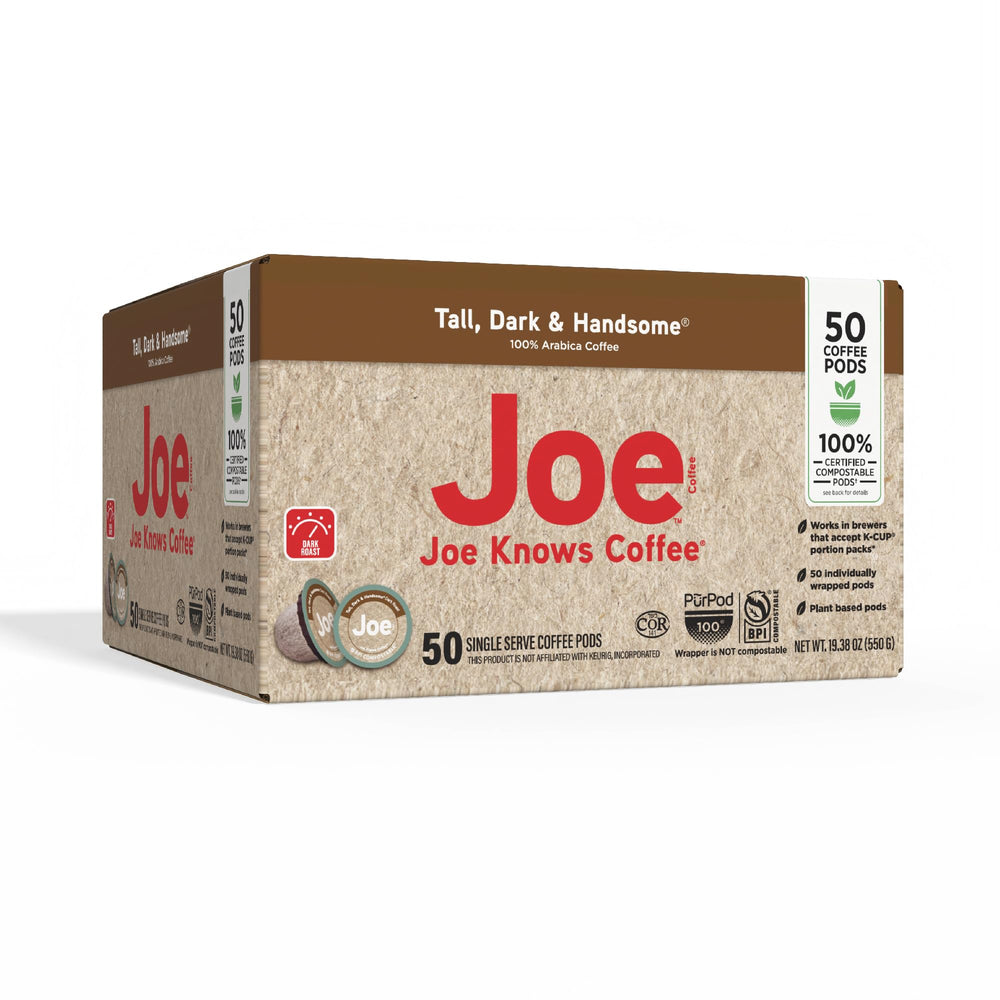 Joe Knows Coffee Tall Dark Handsome packaging closeup demonstrates compostable materials.