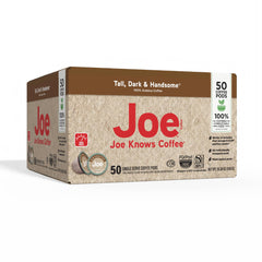 Joe Knows Coffee Tall Dark Handsome packaging closeup demonstrates compostable materials.