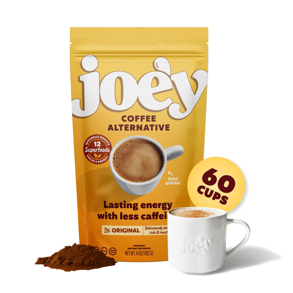 Joe'y Mushroom Coffee Alternative canister offering balanced energy for focused mornings