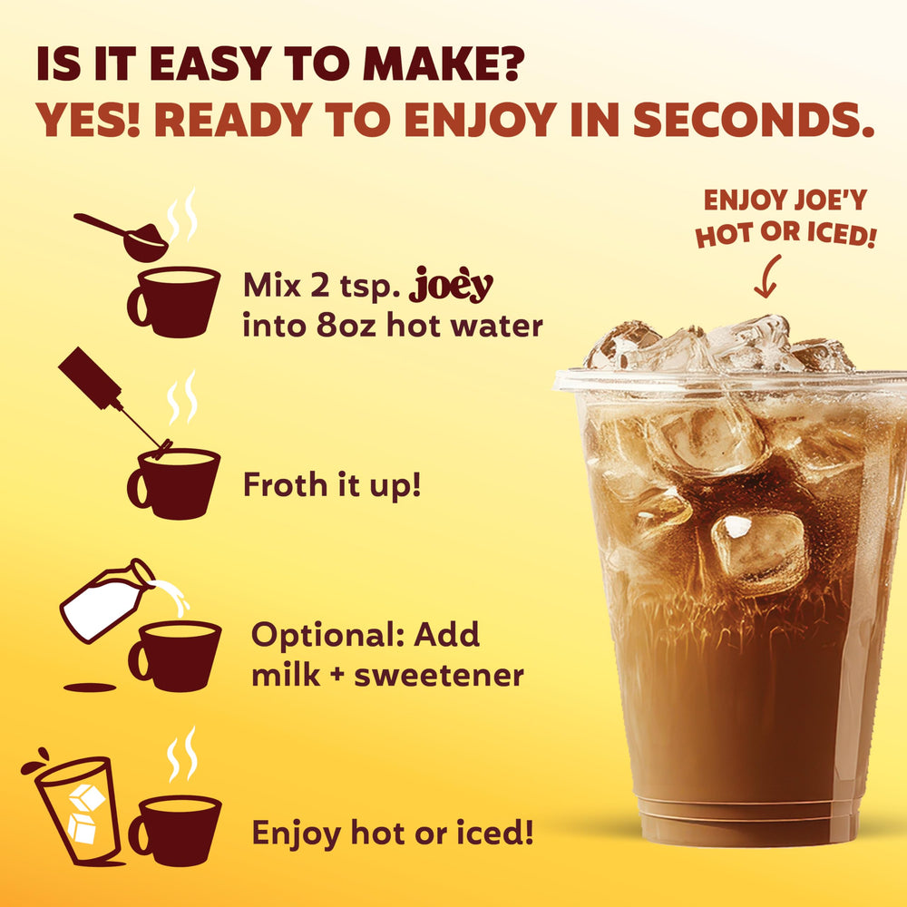 Joe'y ready-to-mix beverage shown hot and over ice for versatility
