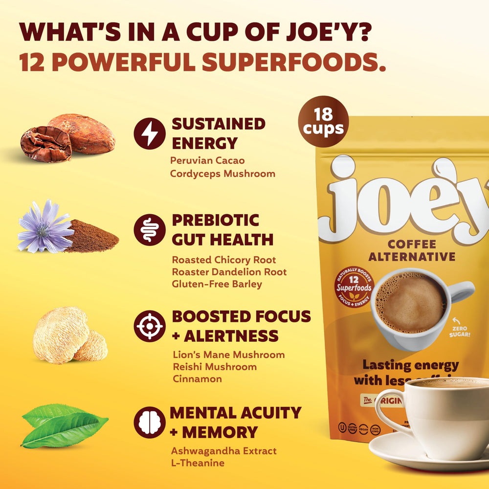 Latte-style pour with Joey Mushroom Coffee Alternative's creamy flavor.