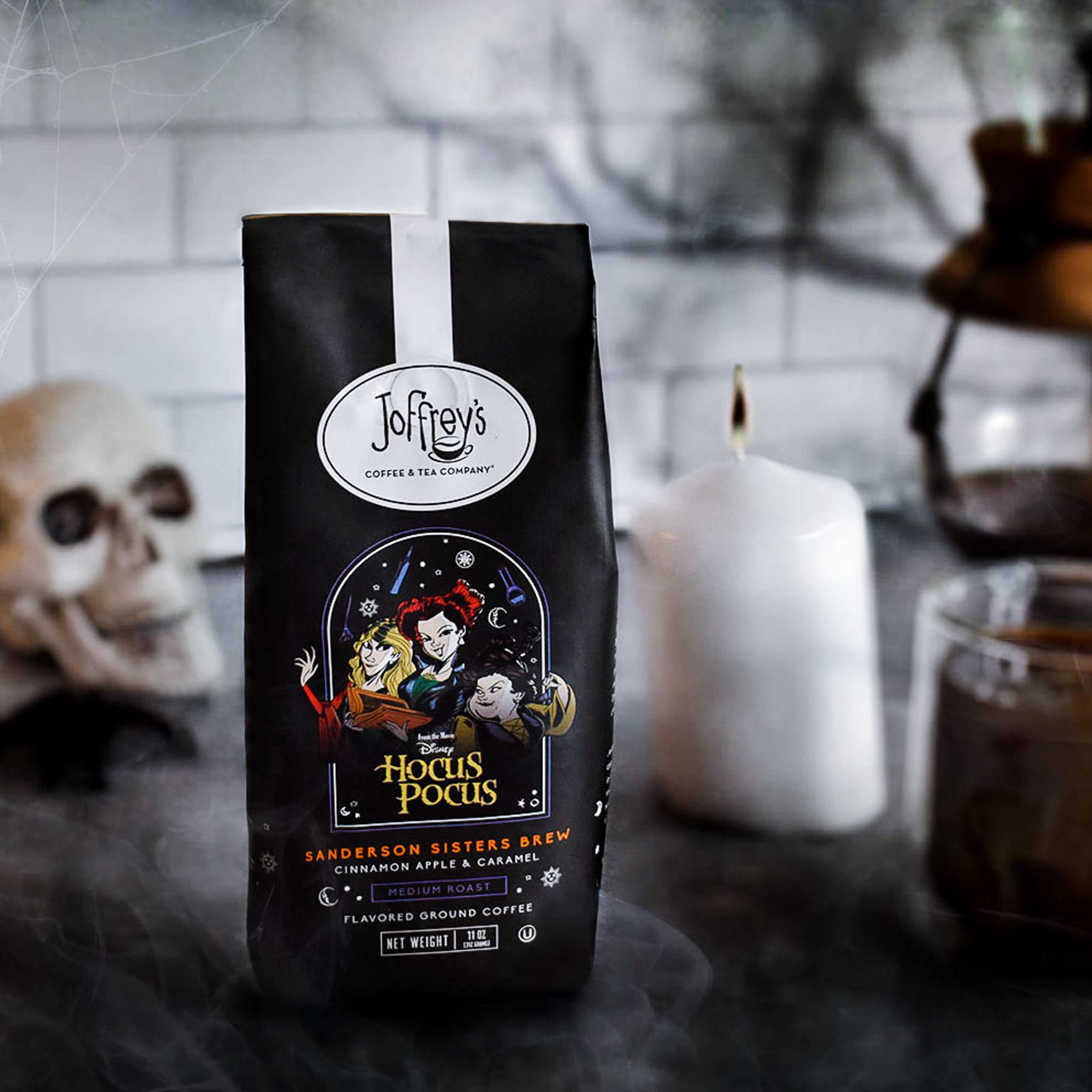 Joffrey's Disney Hocus Pocus Sanderson Sisters Brew ground coffee closeup, great for French press