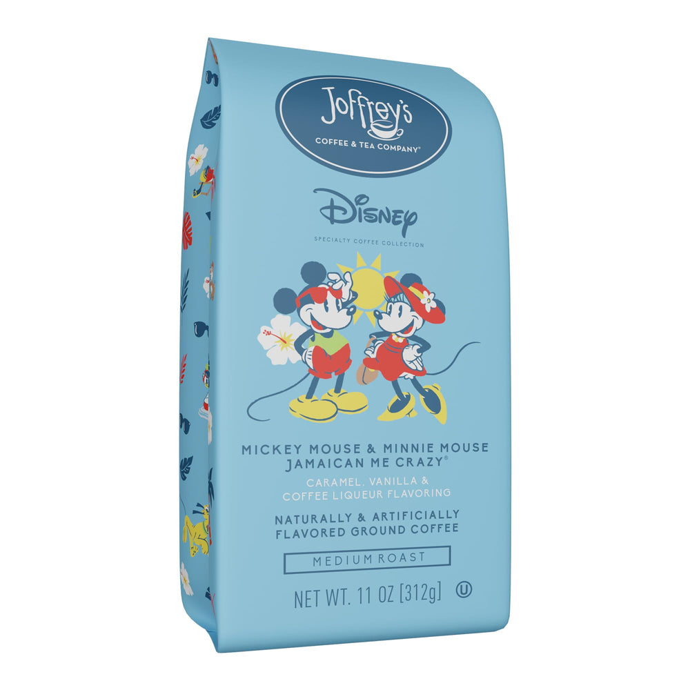 Joffrey's Disney Mickey Minnie ground coffee front label—vibrant packaging for an inviting morning.