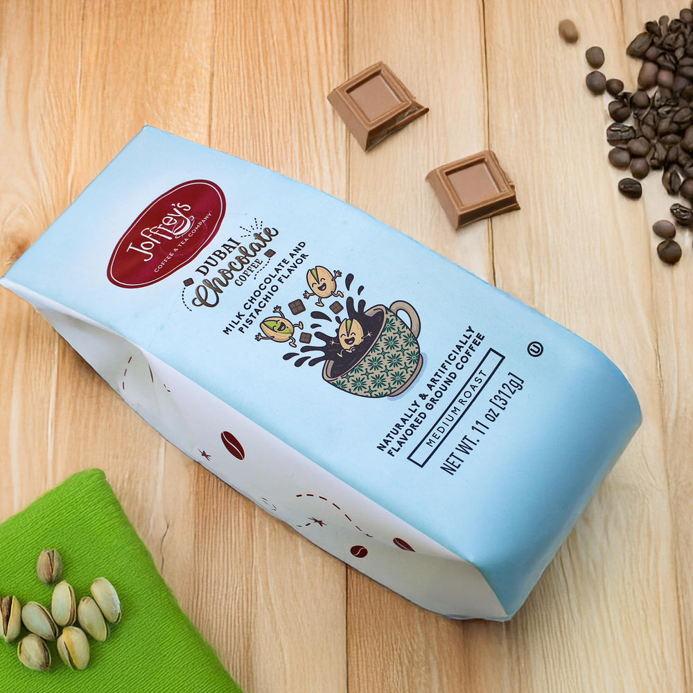 Joffrey's Dubai Chocolate Coffee pistachio detail highlights nutty notes in the brew.