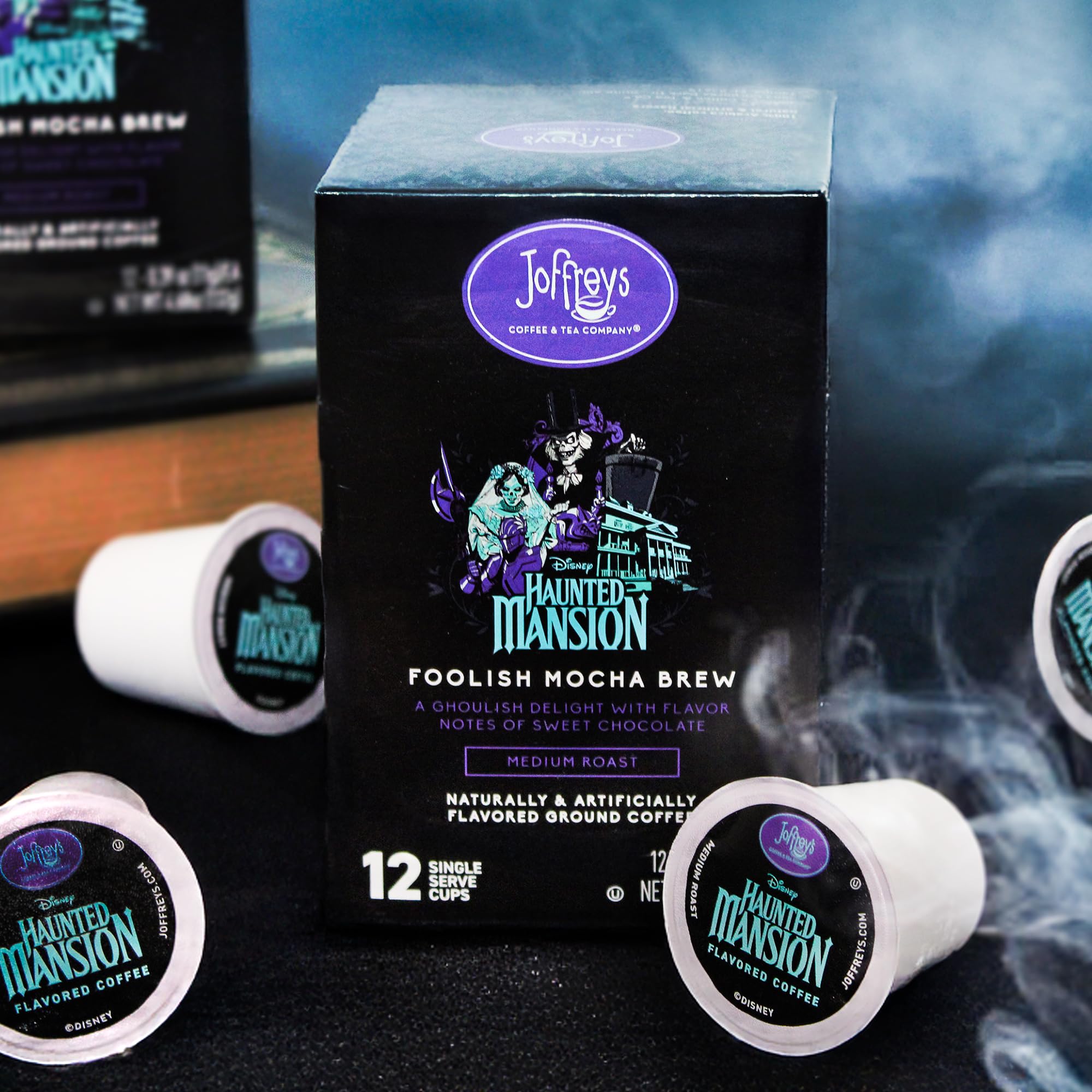 Joffrey's Haunted Mansion Foolish Mocha pod in cup with rich aroma.