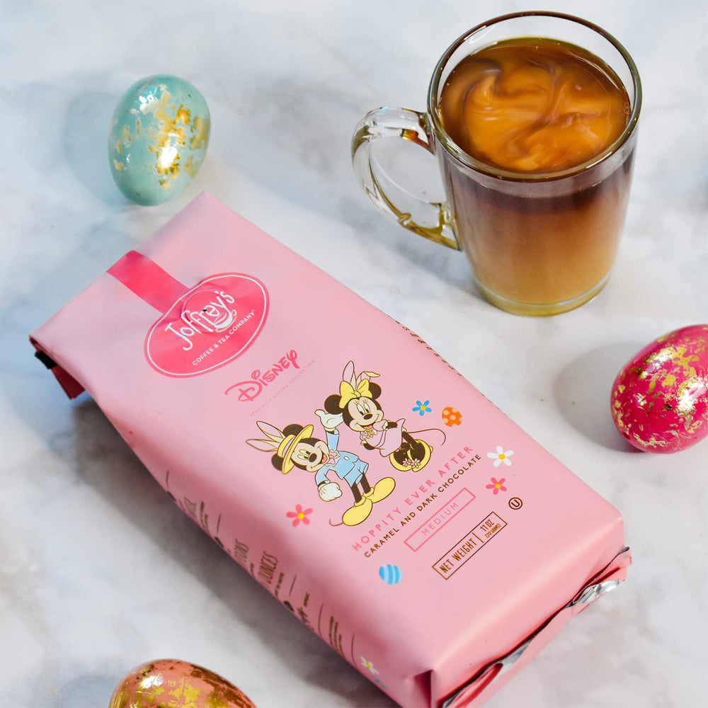 Cup with steam reveals caramel and dark chocolate notes in Joffrey's coffee.