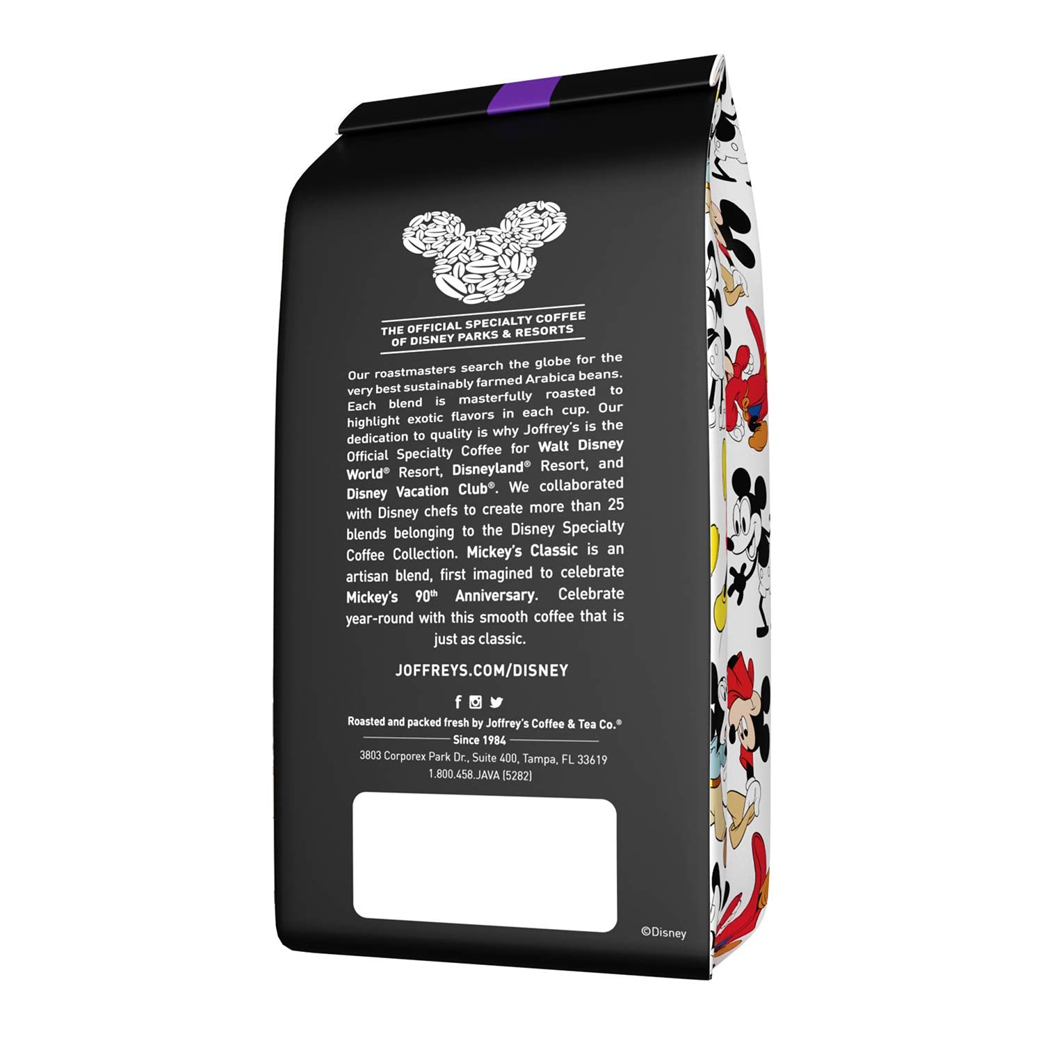 Joffrey's Mickey Mouse Classic Blend ground coffee bag highlights 100% Arabica quality for home brewing