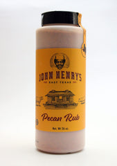 John Henry's Texas Size Pecan Rub bottle enhances pork, poultry, and fish with smoky pecan flavor.