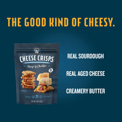 Close-up of John Wm Macy's CheeseCrisps bag showing layered sourdough and aged cheeses.