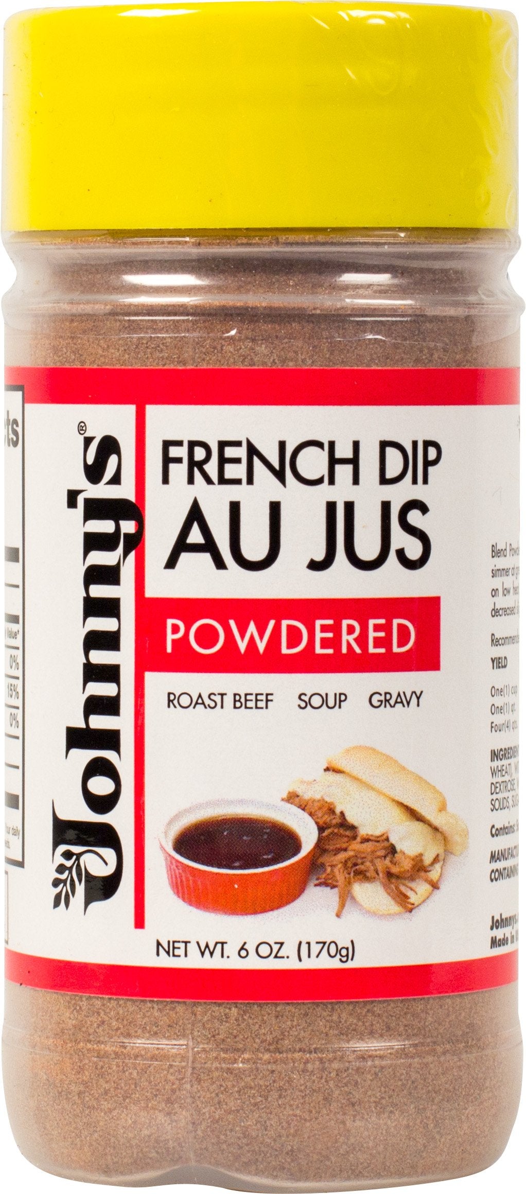 Johnny's French Dip Au Jus Powder packaging on shelf for quick prep.