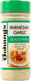 Johnny's Garlic Spread And Seasoning 10Oz bottle highlights a rich parmesan-garlic blend for pasta.