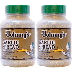 Johnny's Garlic Spread bottle closeup highlighting parmesan garlic flavor for quick meals
