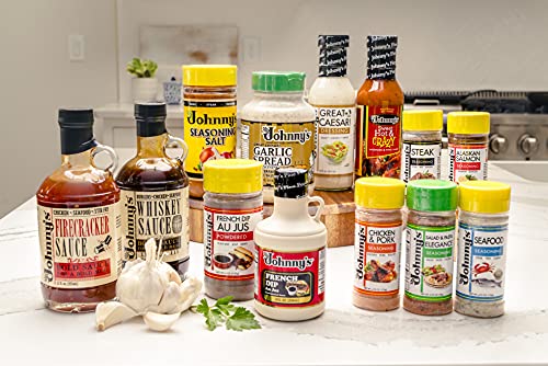 Johnny's Garlic Spread jar on kitchen counter ready to season