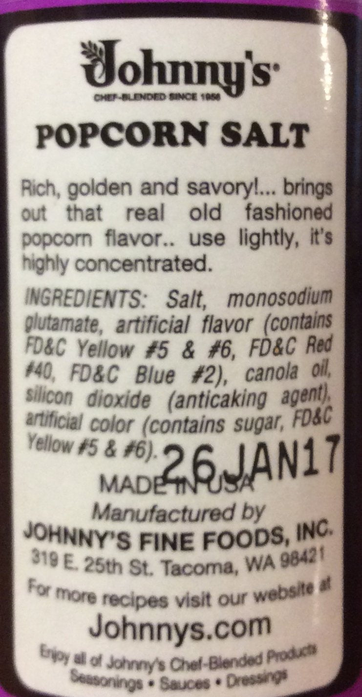 Johnny's Gluten Free POPCORN SALT on ready-to-eat popcorn, adds light savory flavor.