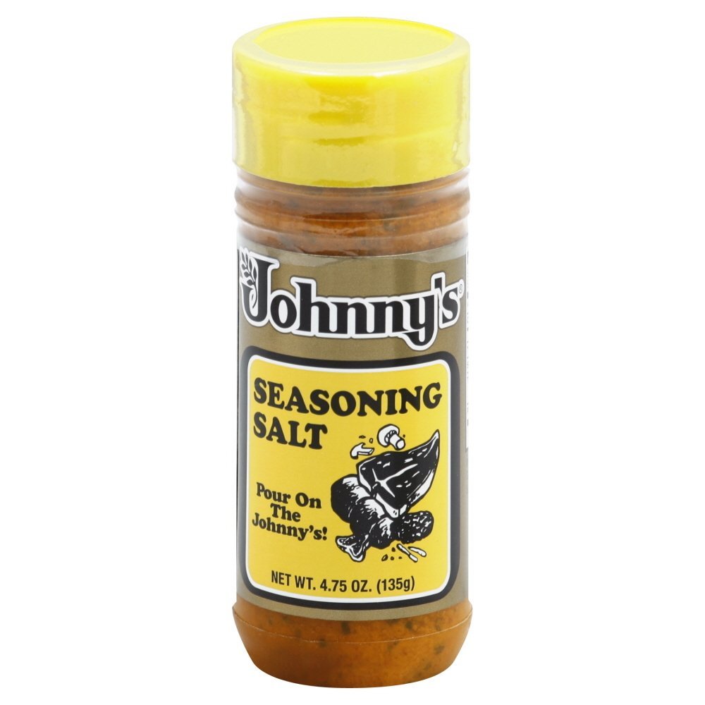 Johnny's Seasoning Salt bottle close-up, versatile, gluten-free seasoning for poultry, burgers, and vegetables.