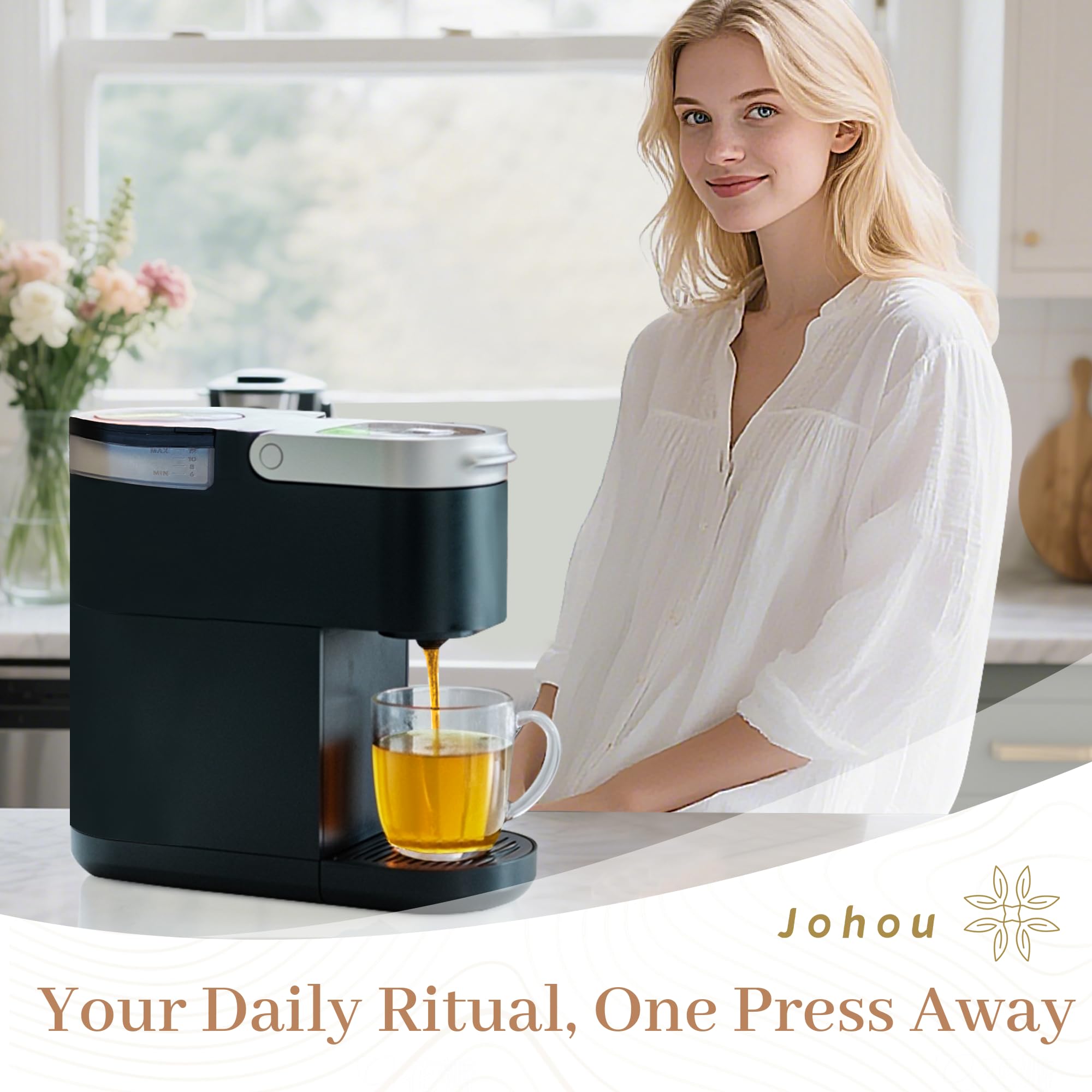 Johou Jasmine Green Tea Pods brewing in Keurig for a quick pause.