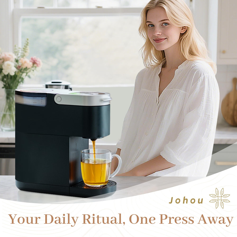 Johou Jasmine Green Tea Pods brewing in Keurig for a quick pause.
