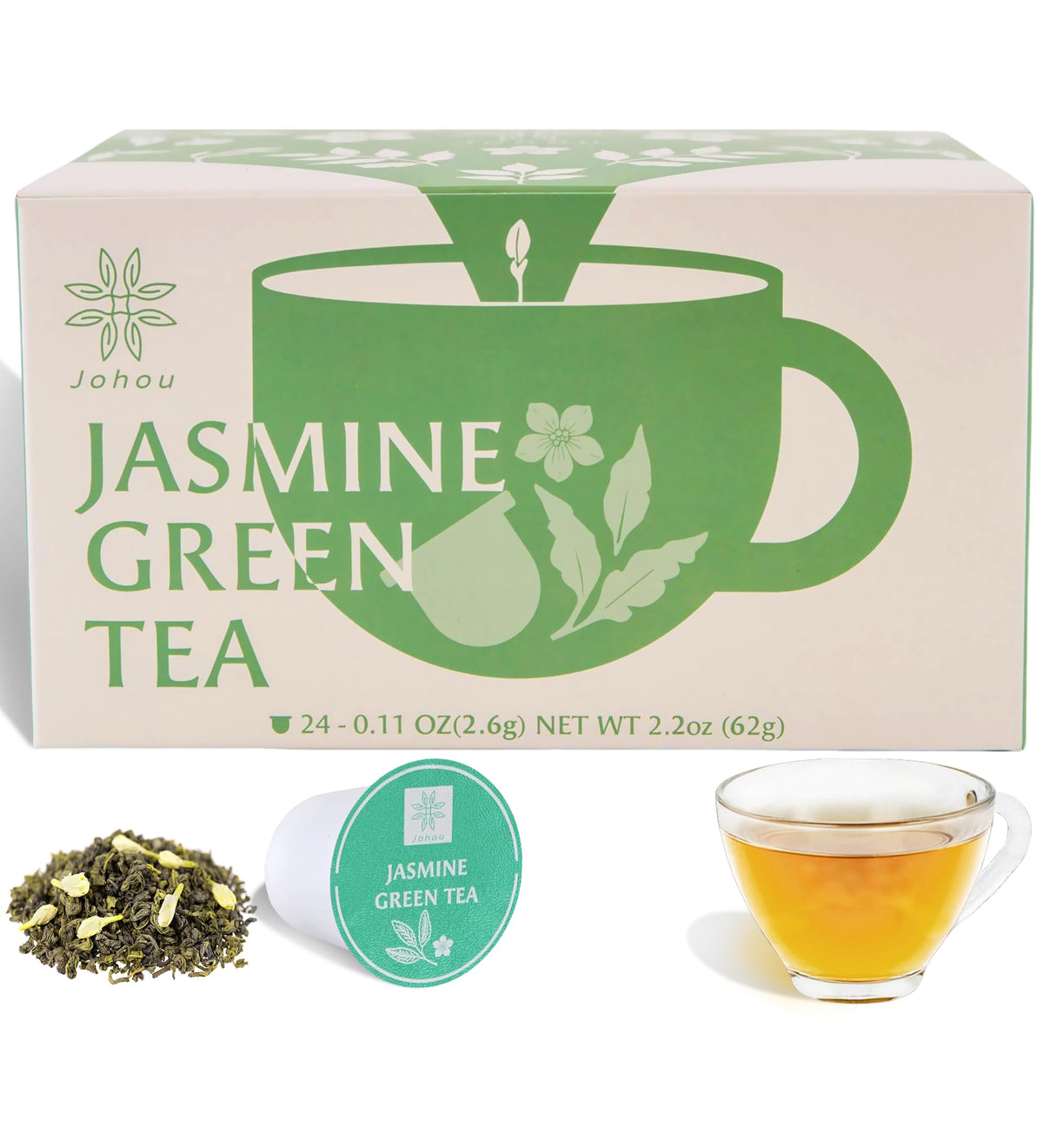 Johou Jasmine Green Tea Pods packaging for Keurig; convenient single-serve design.