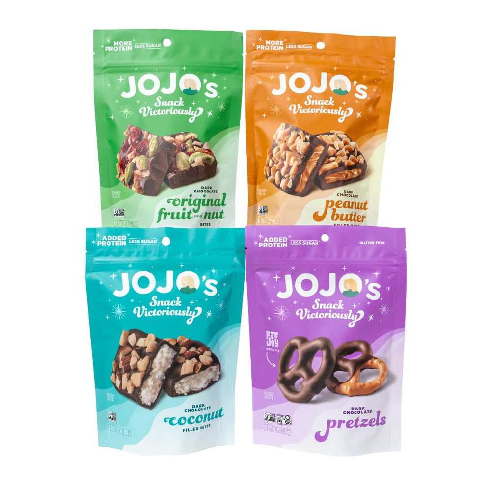 JOJO's Chocolate Best Sellers Bundle front view with assorted bites for snacking