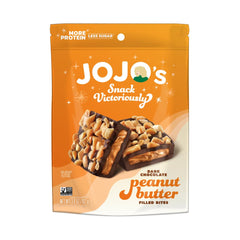 JOJO's Chocolate Bites chocolate-pnut-butter packaging highlights premium ingredients.