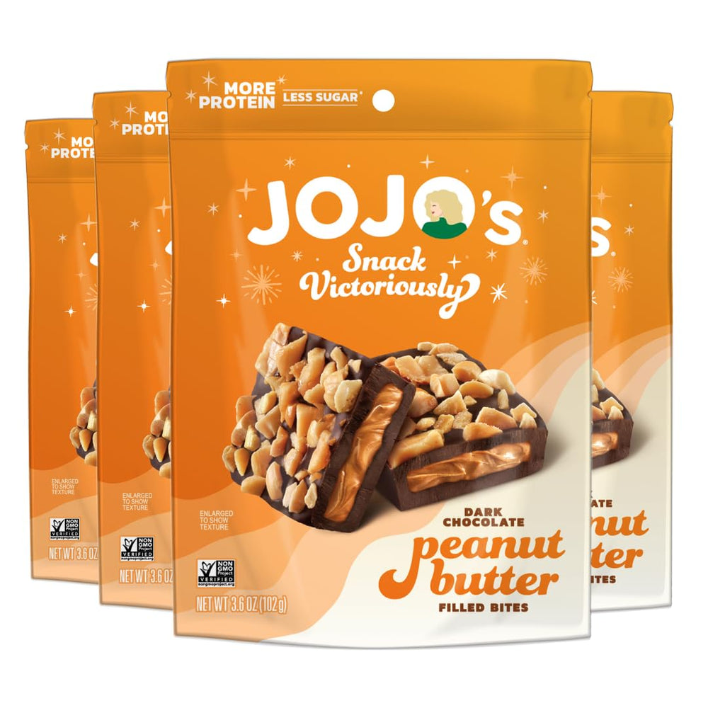 JOJO's dark chocolate peanut butter filled bars in a pack for convenient protein-rich snacking.