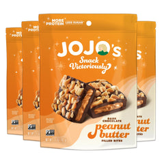 JOJO's dark chocolate peanut butter filled bars in a pack for convenient protein-rich snacking.