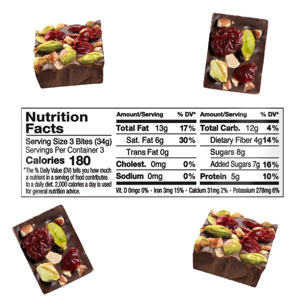JOJO's dark chocolate bar close-up highlights pistachio almond cranberry crunch