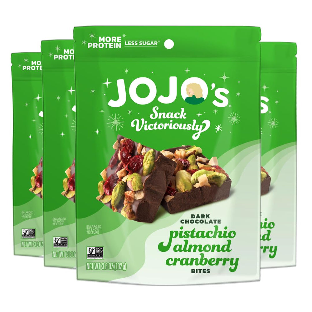 JOJO's packaging shows a dark chocolate pistachio almond cranberry snack for on-the-go