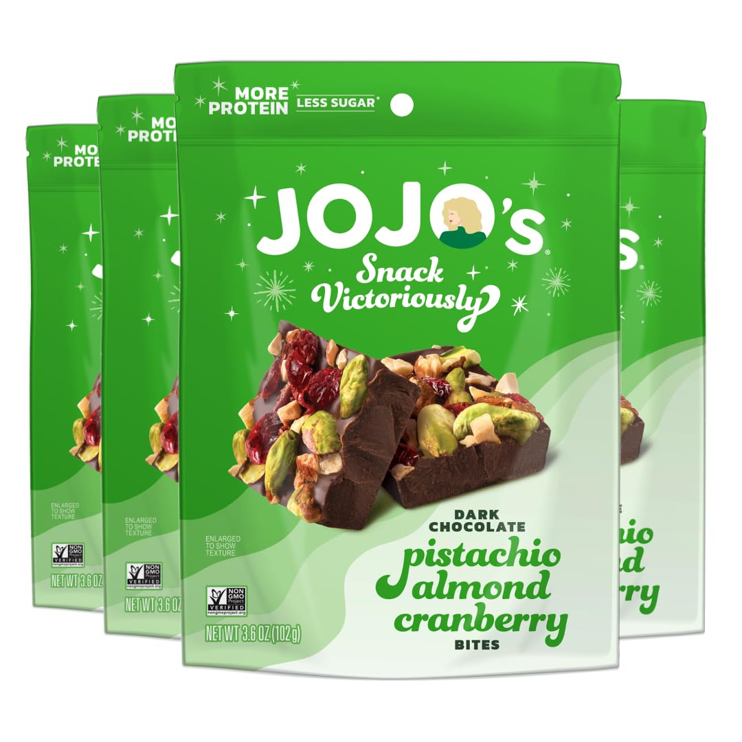 JOJO's packaging shows a dark chocolate pistachio almond cranberry snack for on-the-go