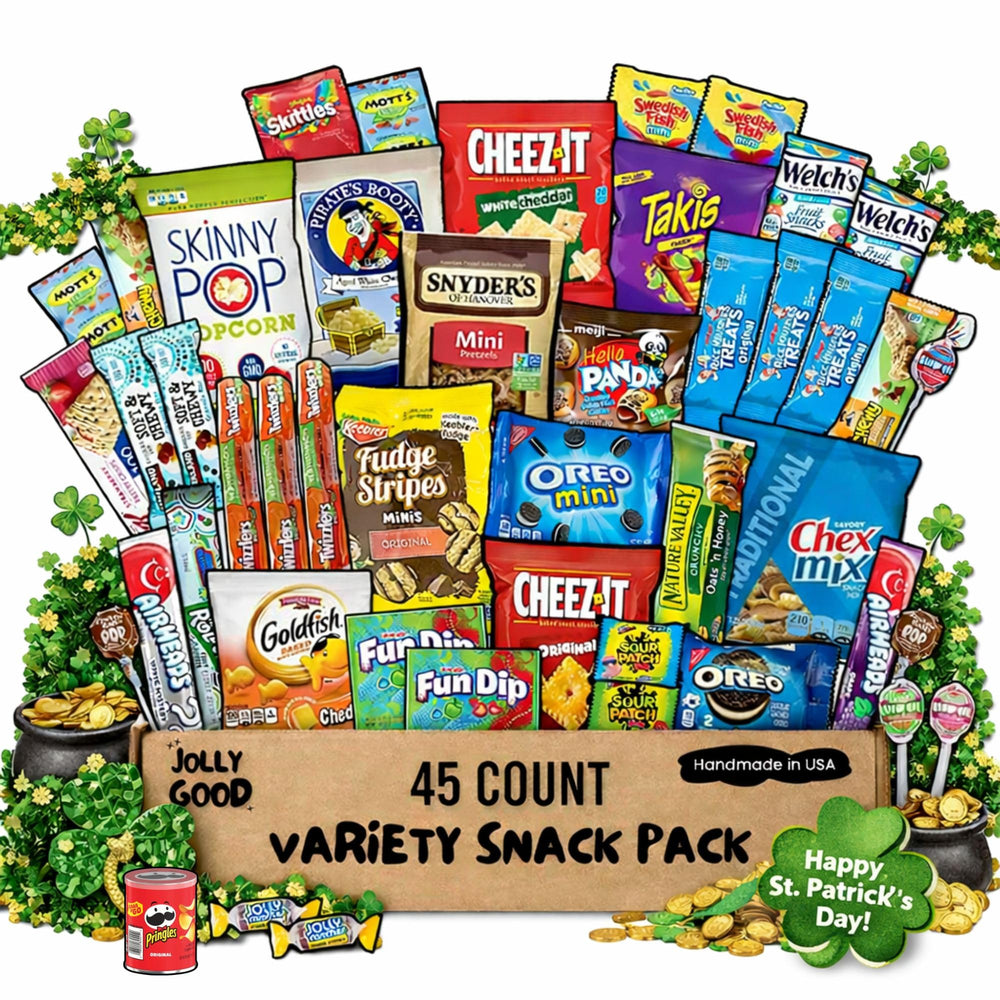 Jolly Good Care Packages inside view showing diverse snacks for sharing and gifting.