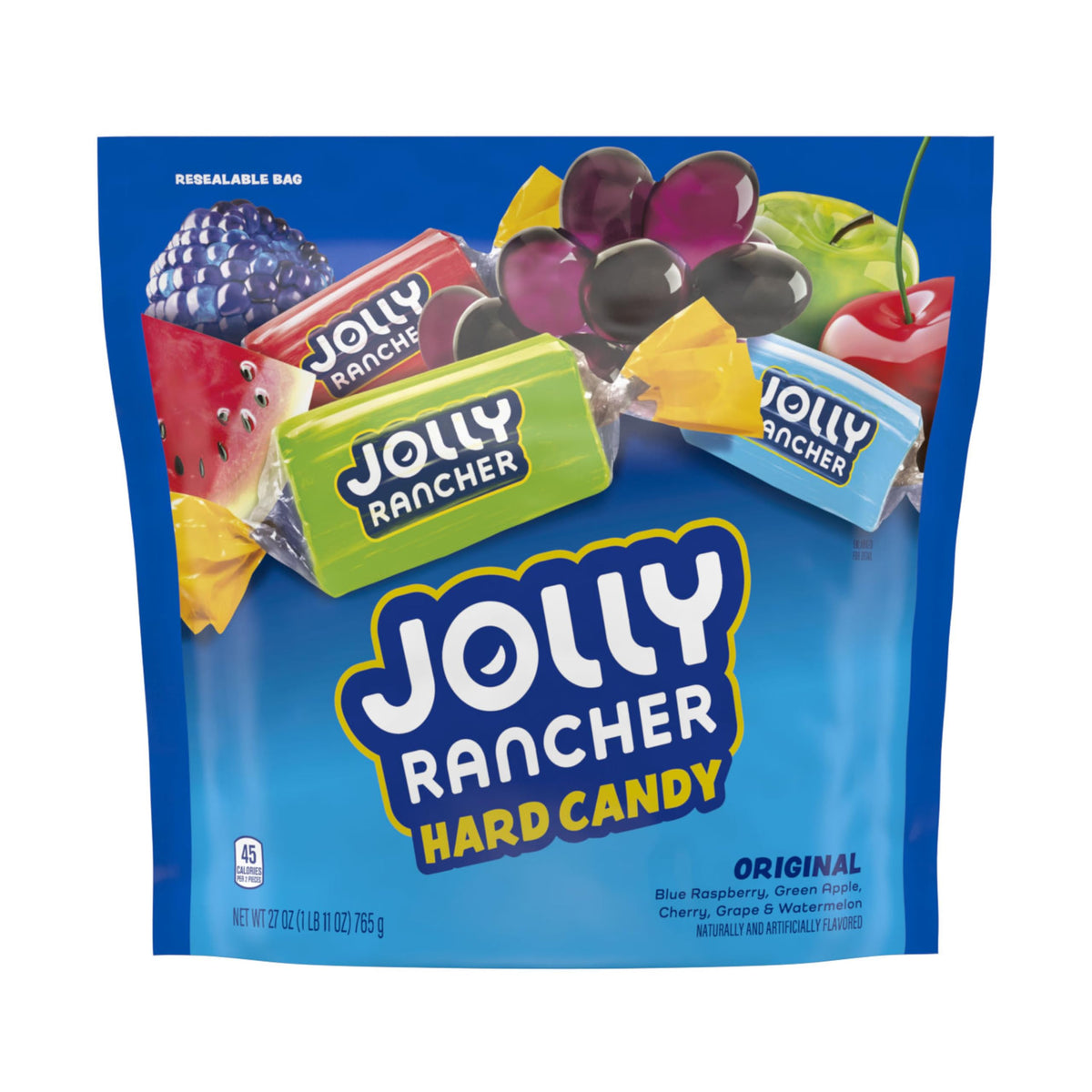 Jolly Rancher Original fruit candy bag front view, bold flavors for a quick snack.
