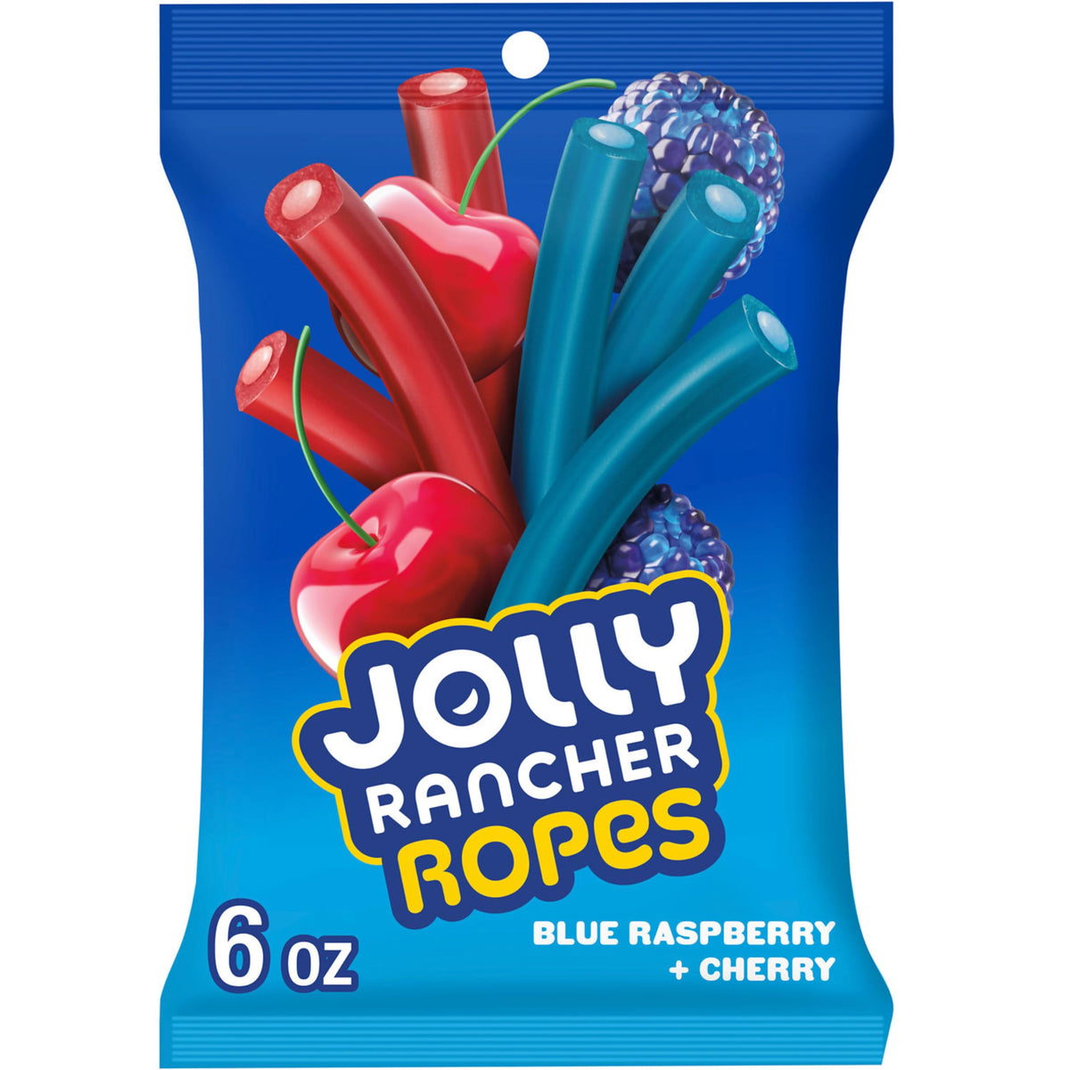 JOLLY RANCHER Ropes blue raspberry and cherry bag front view, ideal for sharing.
