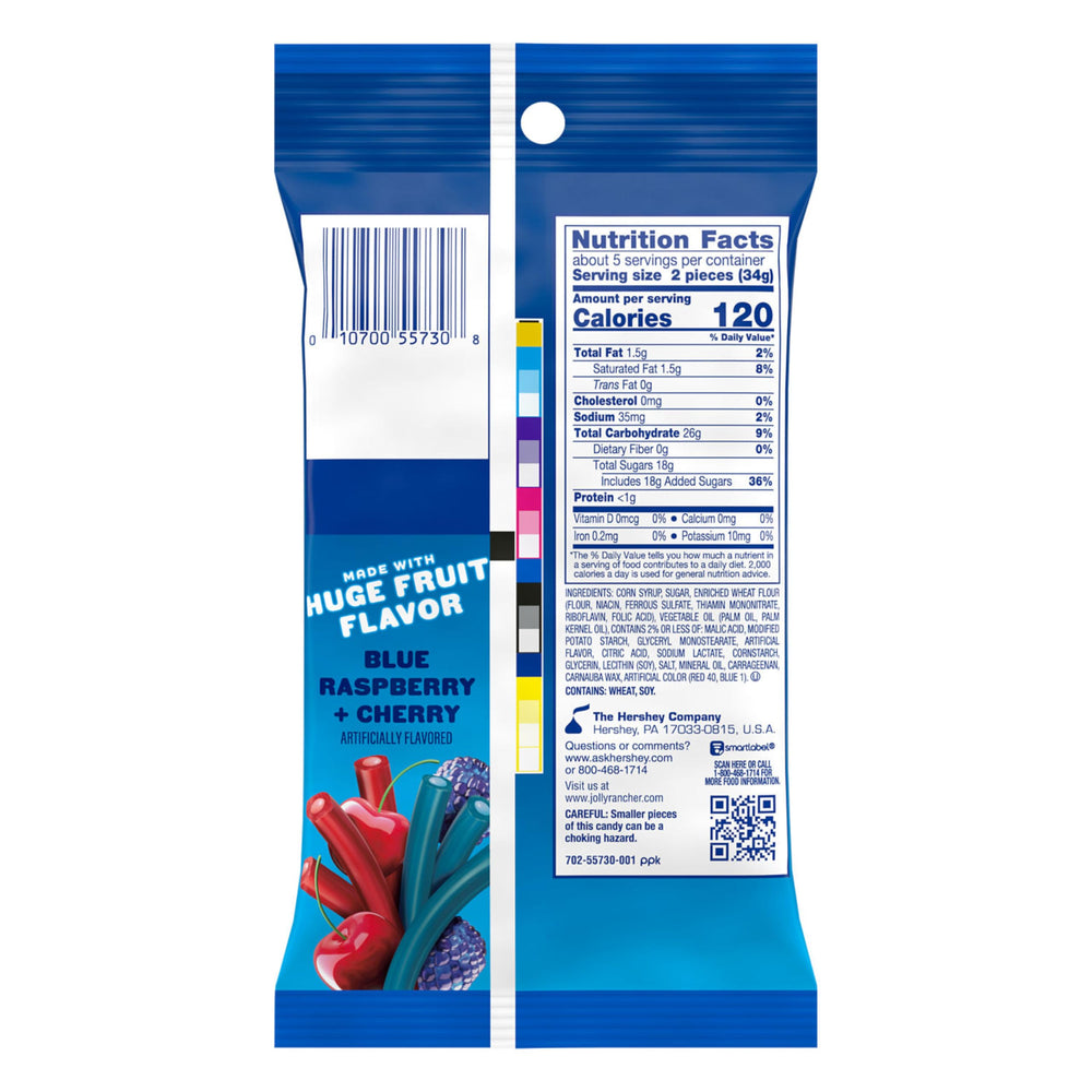 JOLLY RANCHER Ropes blue raspberry and cherry, close-up of chewy outer layer.