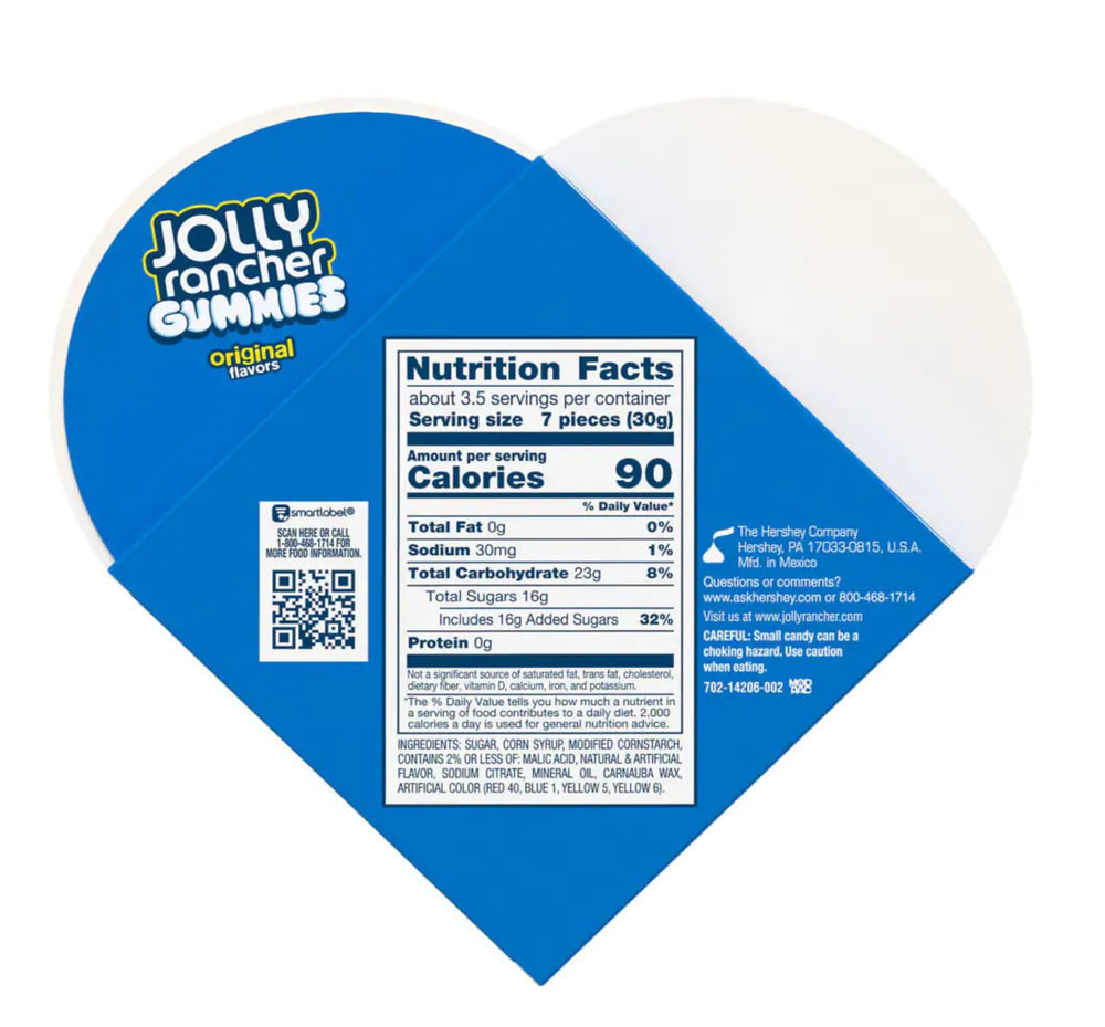 Jolly Rancher gummies inside heart box, festive packaging.