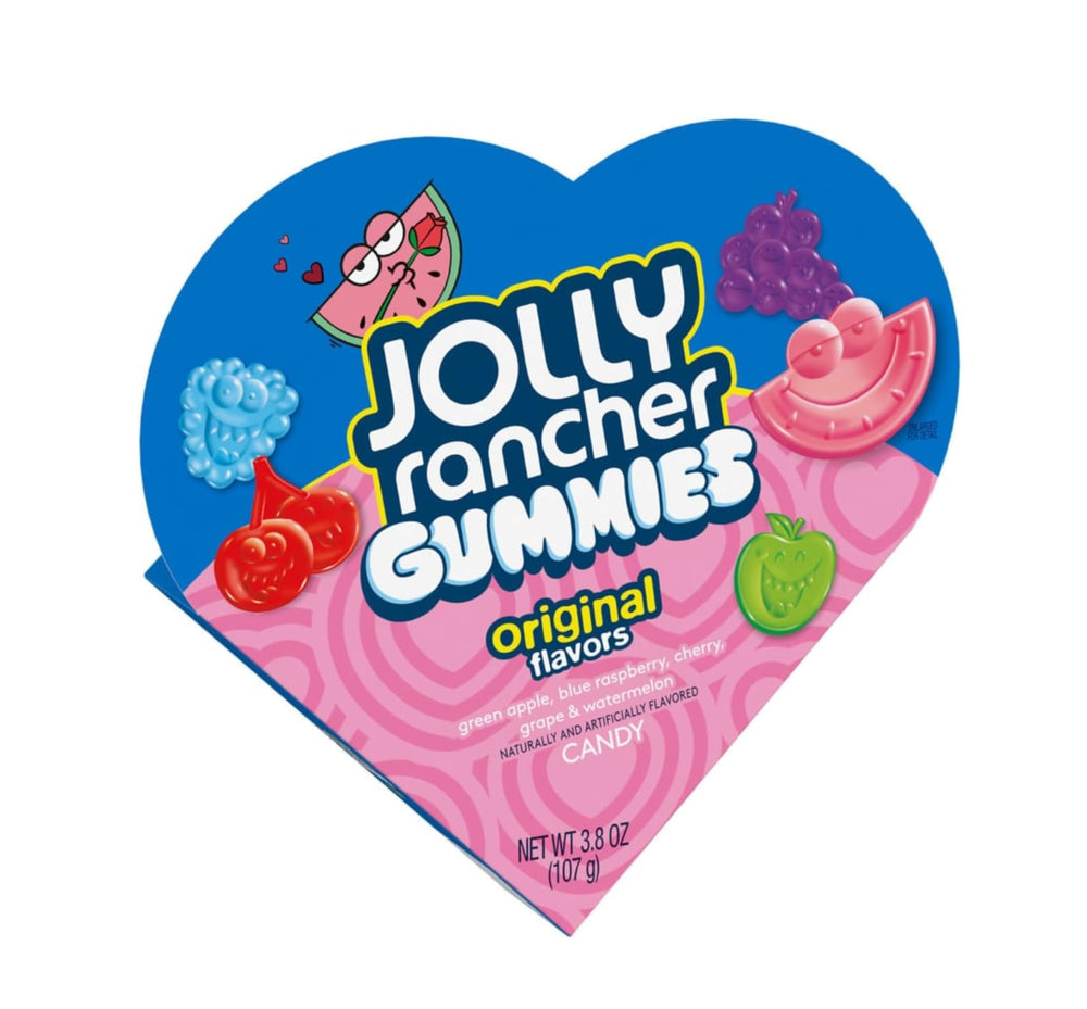 Assorted flavors—cherry, strawberry, green apple—displayed in bright Jolly Rancher gummies.
