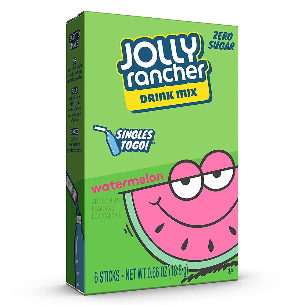 Three-box display of Jolly Rancher Watermelon Singles to Go sugar-free drink mix