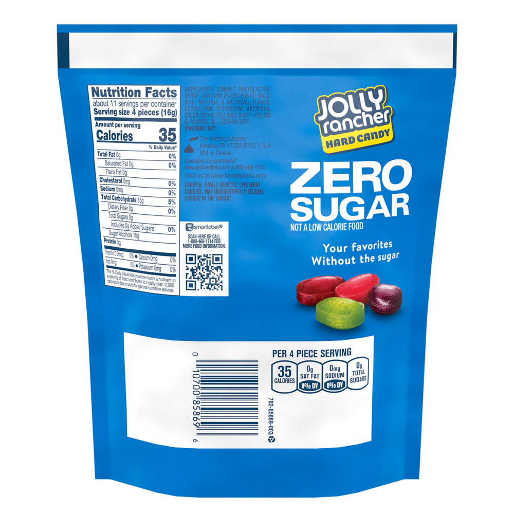 JOLLY RANCHER Zero Sugar bag flavor variety shows raspberry, apple, grape, and watermelon flavors.